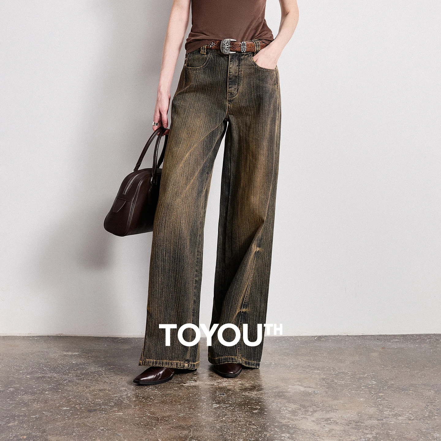 TOYOUTH Women Cotton Jeans 2026 Spring New Mud-Dyed Paneled Front Slant Wide-Leg Pants