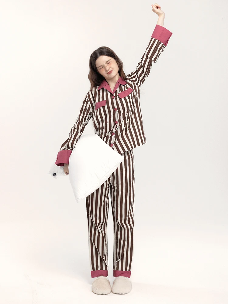 Muabomb Pure Cotton Striped Women's Sleepwear Breathable Spring Summer Home Clothes Set Can Be Worn outside Long Sleeve