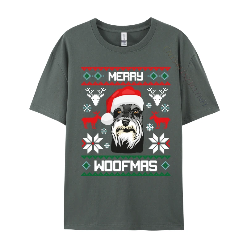 Miniature Schnauzer Merry Woofmas For Christmas Clothes T-Shirts 100% Cotton Fabric Men Short Sleeve Tops & Tees Design