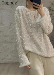 2024 Autumn Sequined T Shirt Women Long Sleeve Heavy Industry Round Collar Mink Decoration Pullover Shiny Bottoming Shirt