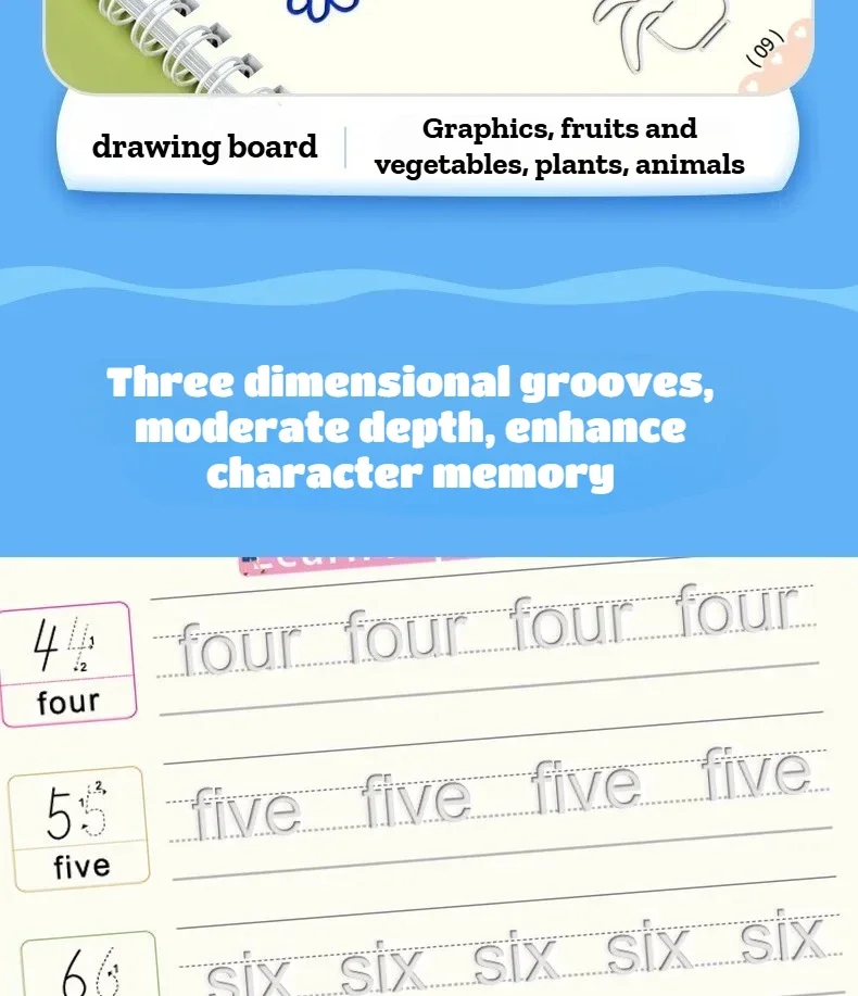 4-teiliges Magic Groove-Übungsheft für Kinder, wiederverwendbares Schreibbuch, verwendet für englische Kalligraphie im Vorschulalter, zum kostenlosen Abwischen und Lernen – Detail 6