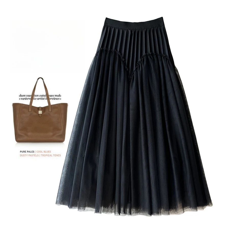 Fashion Vintage Mesh Fluffy Pleated Maxi Skirt Women Autumn Winter French Style Elegant High Waist A-Line Khaki Black Long Skirt