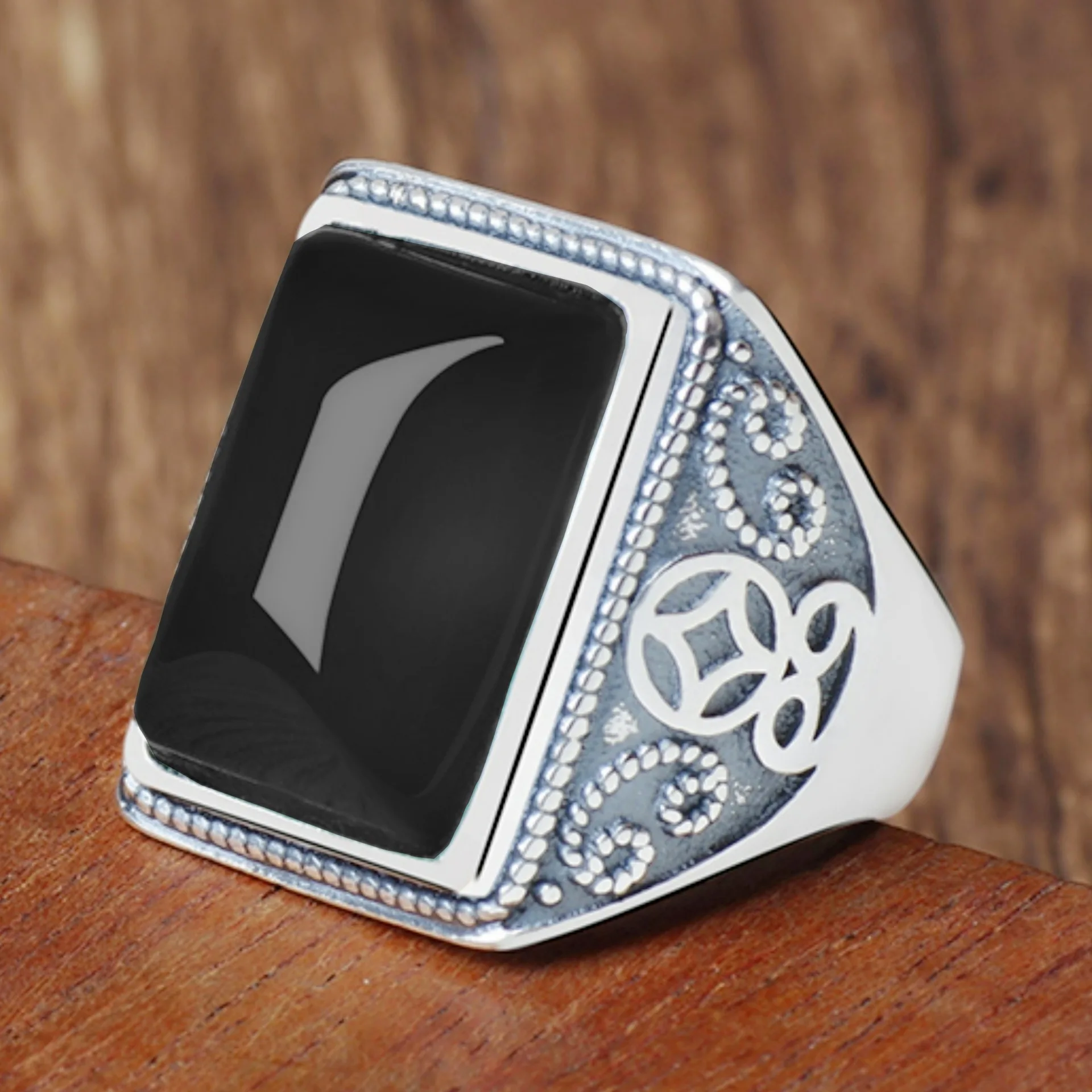 Fashion Craved Flower Coin Pattern Ring Male Index Finger Accessories Trendy 925 Sterling Silver Ring Men High Grade Hand Bijou