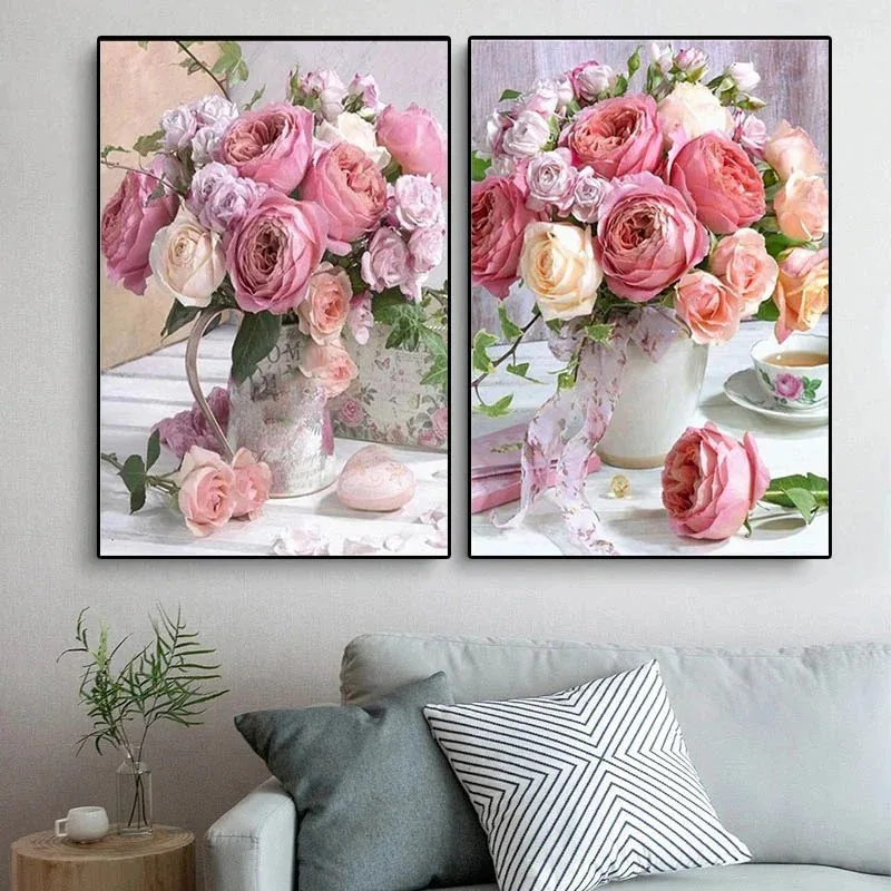 Rosa Pfingstrosen-Blumen-Gemälde, Topfpflanzen, Poster und Drucke, nordische pastorale Leinwandmalerei, Wandkunst, Dekoration, Bild für den Raum