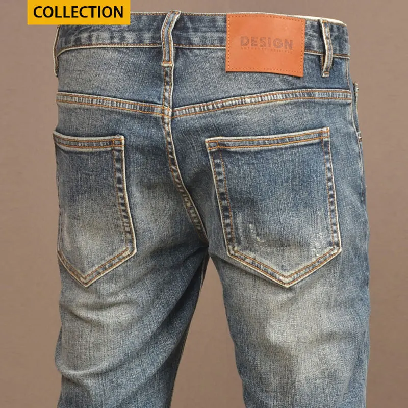 Street Fashion Men Jeans High Quality Retro Blue Stretch Slim Fit Ripped Jeans Men Vintage Designer Denim Pencil Pants Hombre