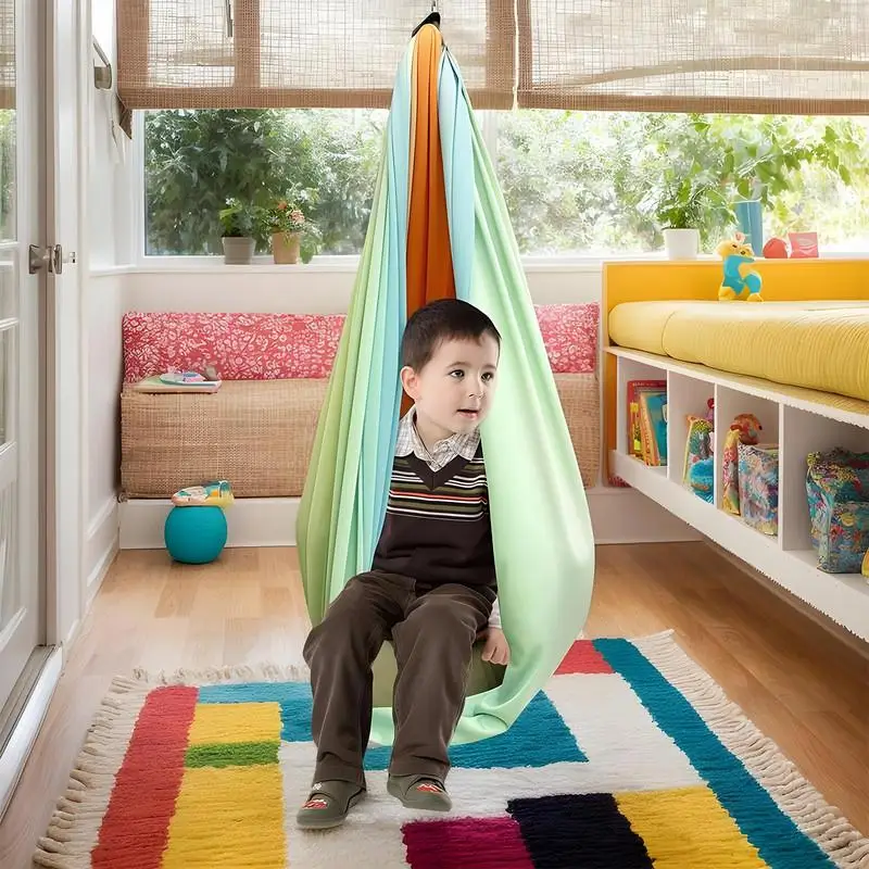 

Fabric Swings For Kids Indoor Elastic Sensory Hammock Double Layer Gradient Color Elastic Rocking Nest Furniture For Children