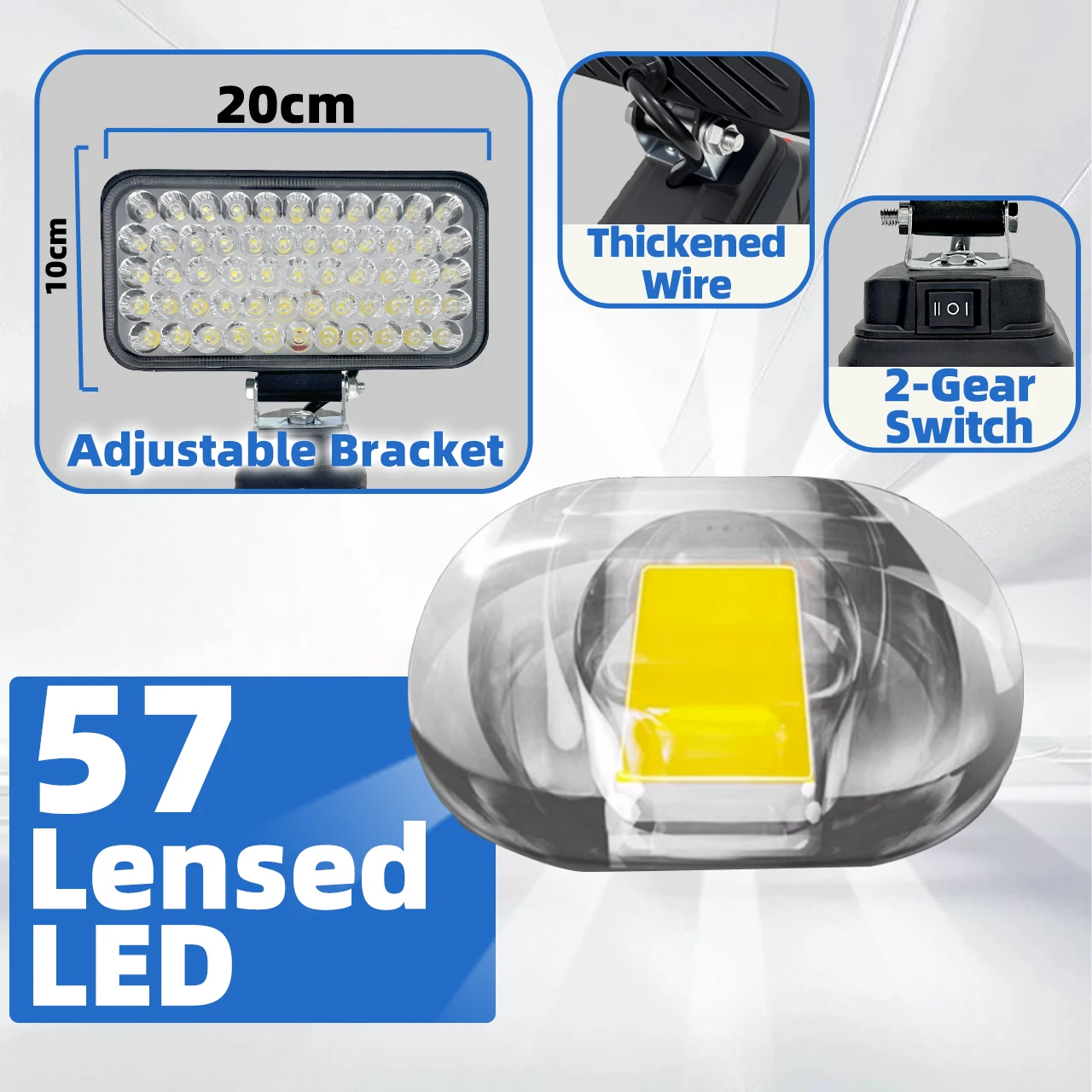 7-inch, 57-LED high-brightness light; compatible with Makita-style batteries; suitable for outdoor fishing and construction site