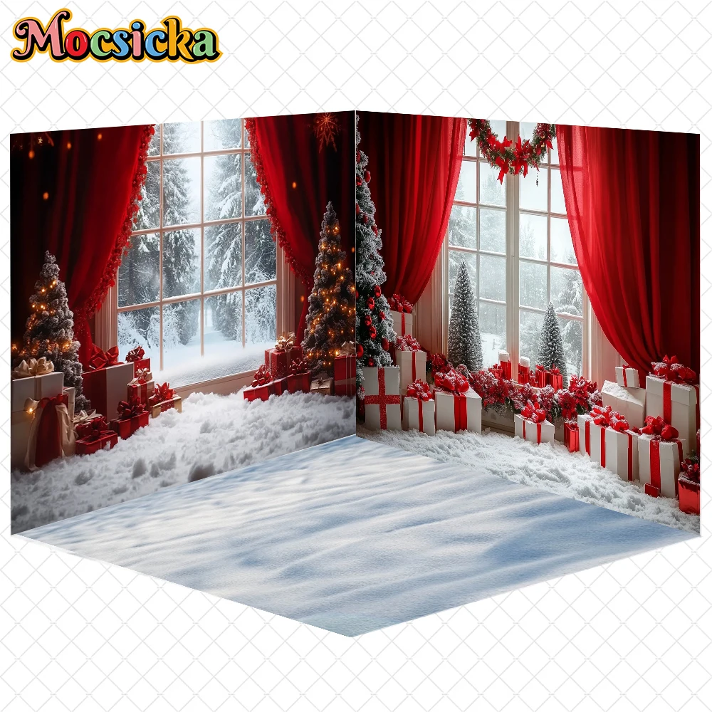 

Mocsicka Christmas Backdrop Photography Winter Snow Room Xmas Tree Red Curtain Window Decor Party Photo Background Studio Banner