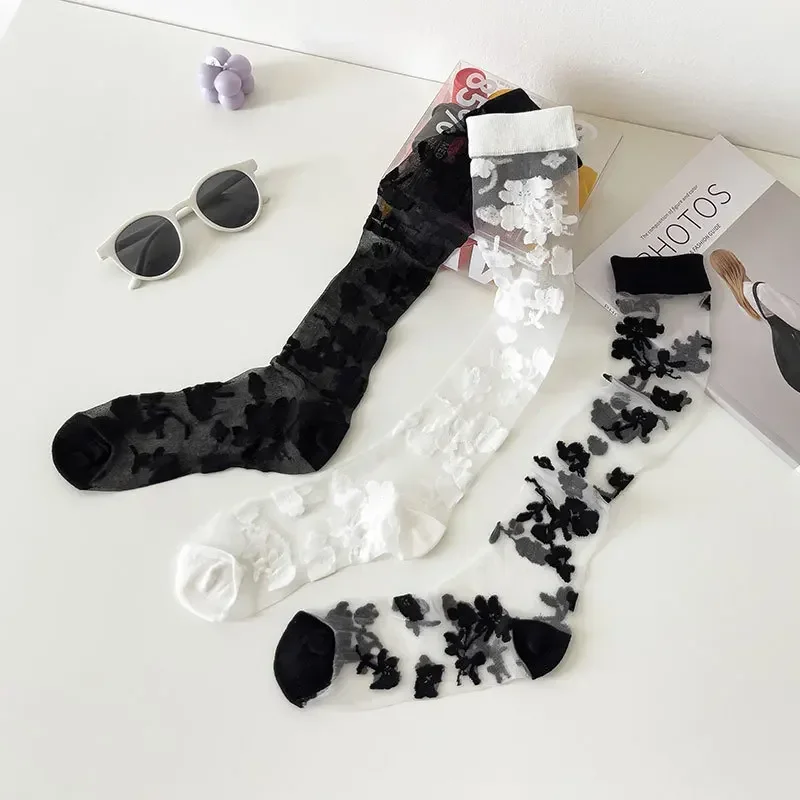Summer Ultra-thin Transparent Nylon Long Socks Stockings Japanese Fashion Flower Knee Socks Vintage Crystal Silk Socks Stockings