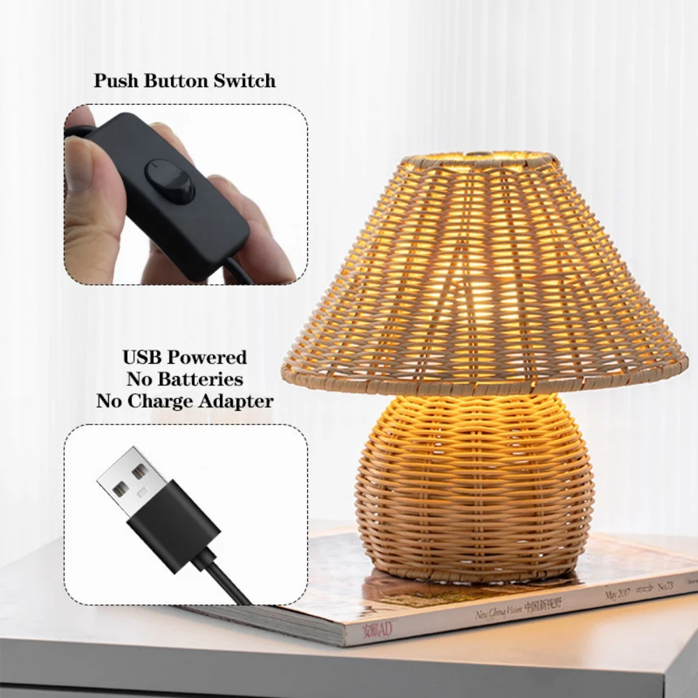 Hand Woven Bamboo Table Lamps USB Plug Modern Creative Retro Mushroom Desk Lamp for Reading Lamp Computer Table Decor Light