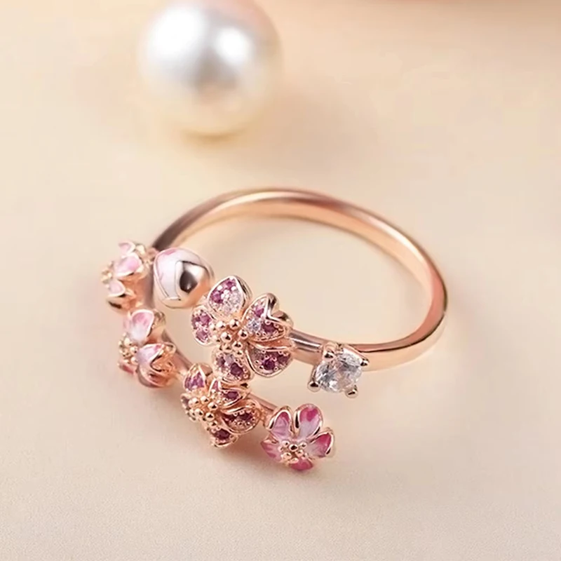 FTCY S925 Silver Rose Enamel Peach Blossom With Crystal Ring For Women Fit for Couple Rings-Simple and Fine Jewelry Wedding Part