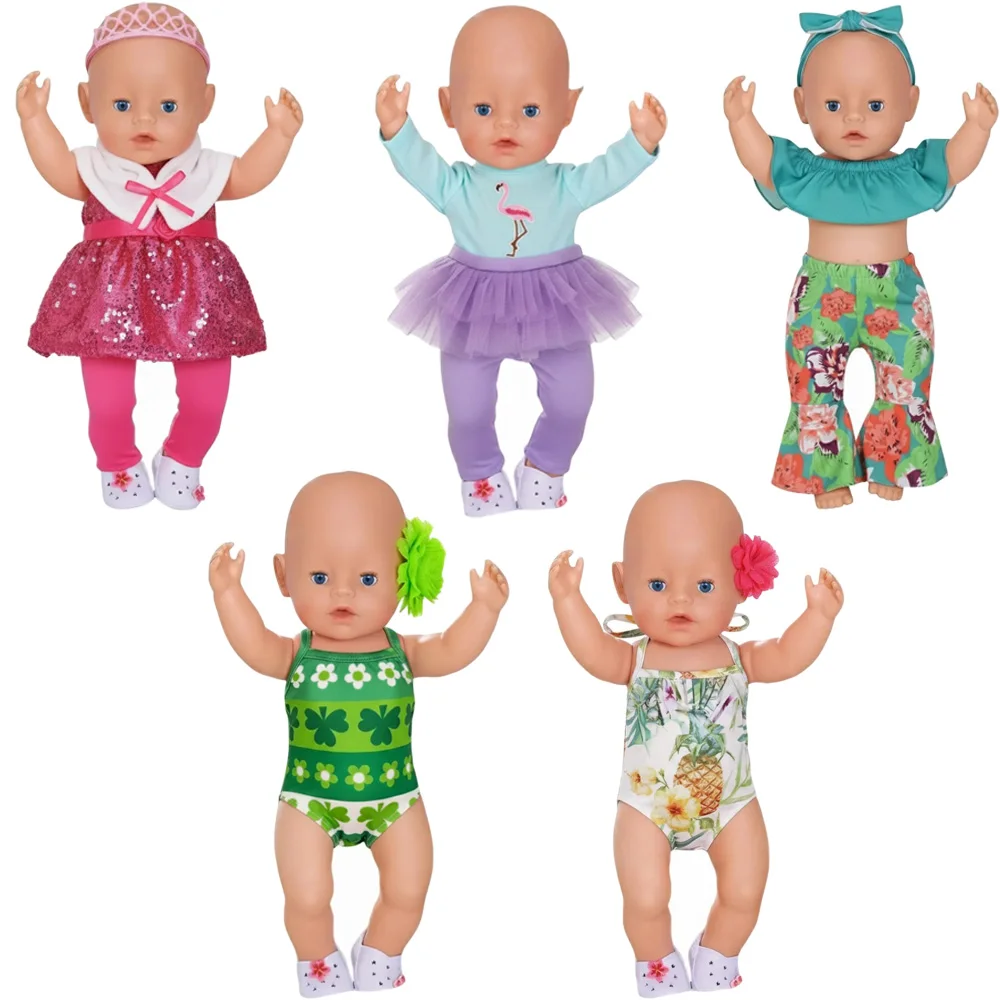 5Pcs Doll Clothes Daily Pretty Dresses Top+Pant For 43CM Born Baby Doll Clothes 18Inch American Doll Set,Festival Gifts Girl Toy