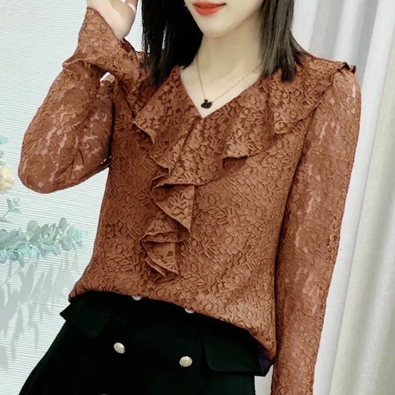 Fashion Solid Color Lace Hollow Out Ruffles Blouses Women\'s Clothing 2023 Autumn Winter Loose Casual Tops Flare Sleeve Shirts