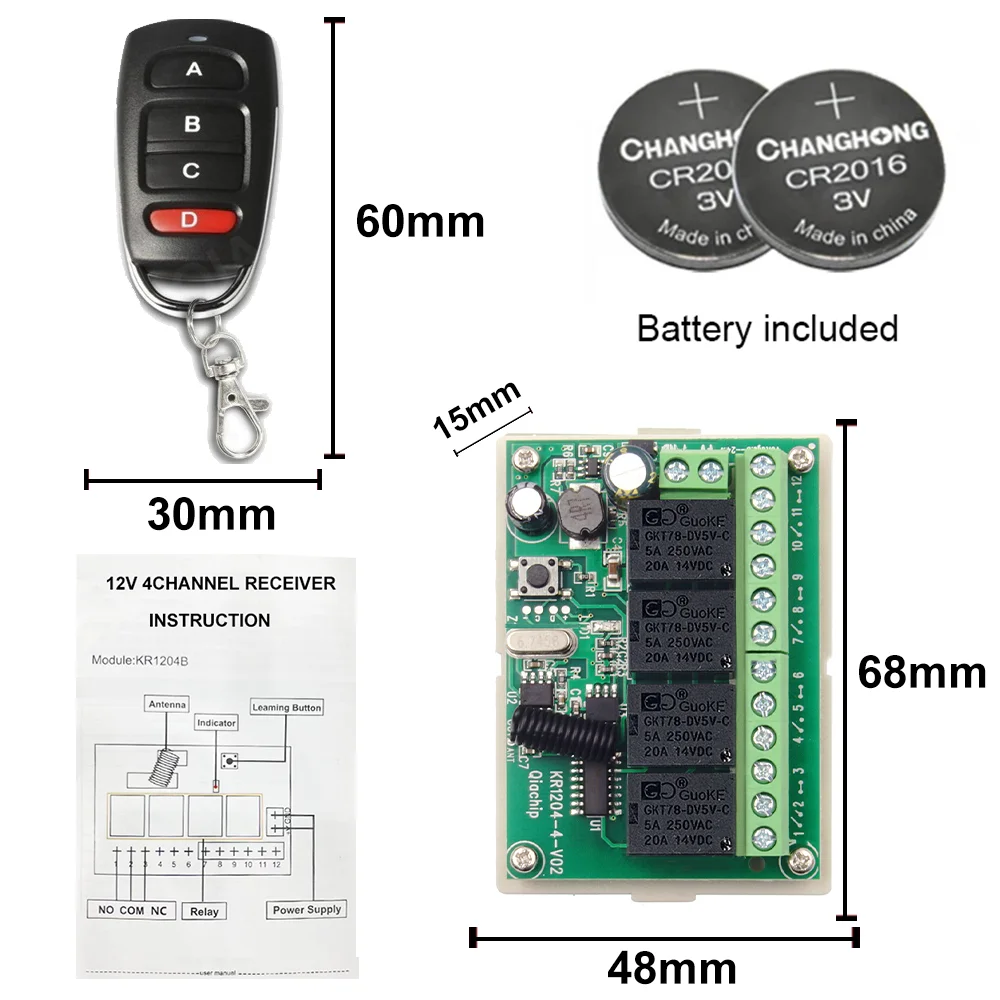 QIACHIP 433.92Mhz DC 5V 12V 24V 48V 10A 4CH Relay Module Receiver EV1527 Wireless Remote Control Switch 433Mhz for DC Motor DIY