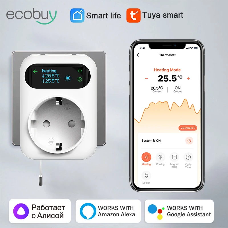 Tuya Smart Socket WiFi Thermostat Outlet Wifi Plug Smart Home Temperature Controller Timer Switch Cooling Heating Alexa Google