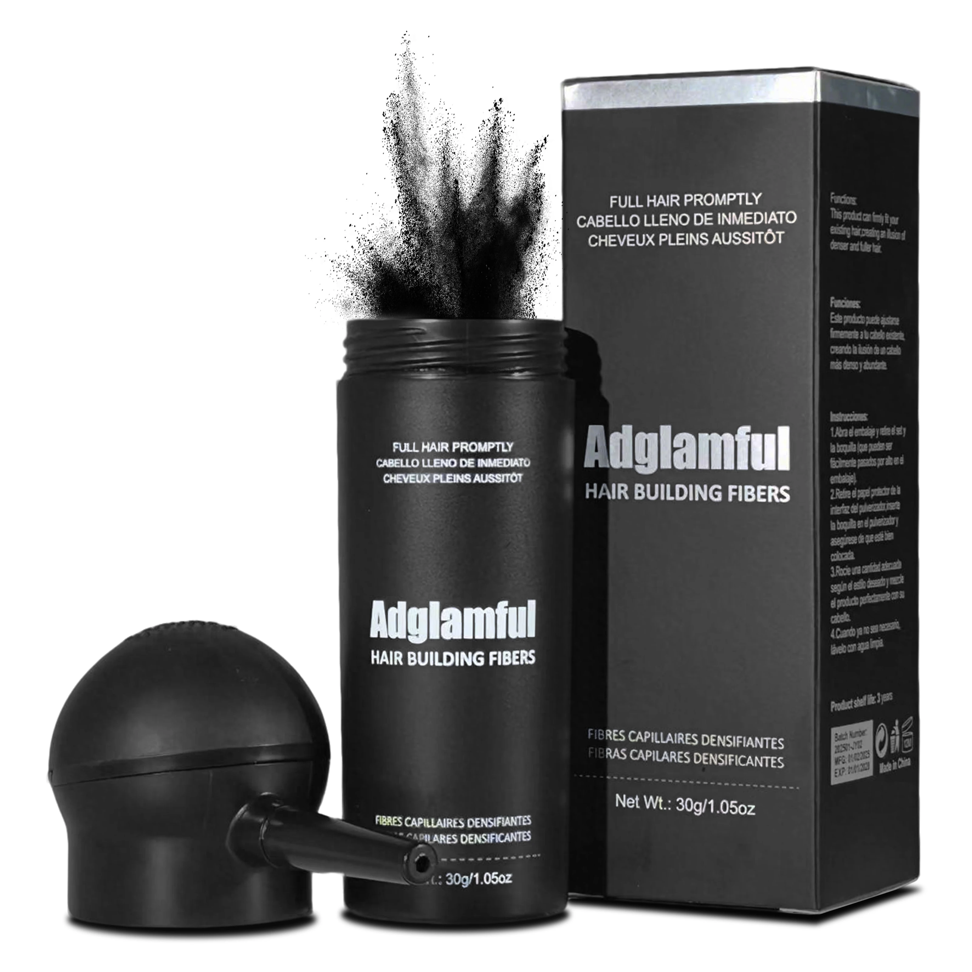 Adglamful 30g Hair Building Fiber - Spray Head Design, Precise Coverage, 5 Sec Quick Thickening for Sparse Areas & Styling