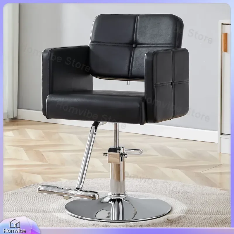 Modern Black PU Leather Barber Chair with Adjustable Height Rotatable Swivel Base Silver Metal Legs for Hair Salon Barbershop