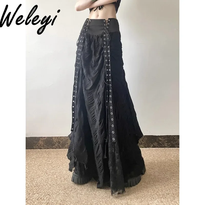 

Lace Mesh Splicing Bandage Long Skirt Female 2025 Autumn Winter New Temperament High Waist Straps Slimming A-line Black Skirts