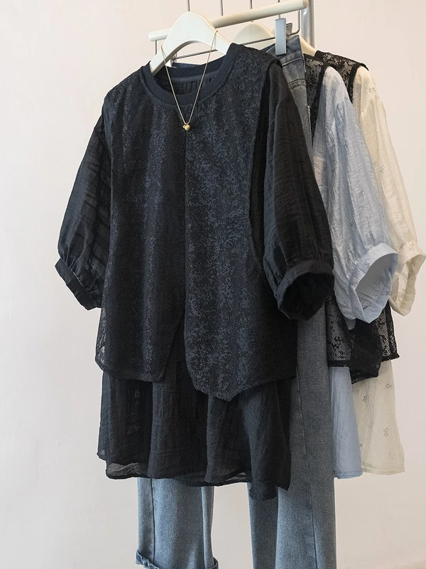 plus Size Lace Insert T-irt Women Summer Loose Belly Covering Slimming Design Sense Fake Two-Piece Top Comfortable Fit roun...