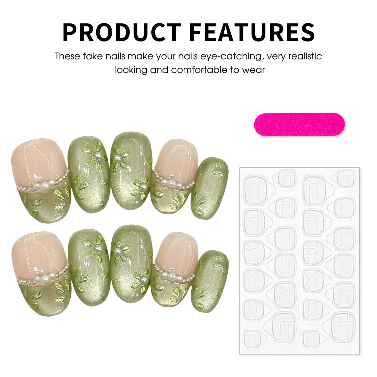 10 قطعة الضوء الأخضر اليدوية الصحافة على الأظافر رسمت باليد زهرة عين القط الأظافر وهمية مع اللؤلؤ ديكور لامعة عين القط أظافر صناعية