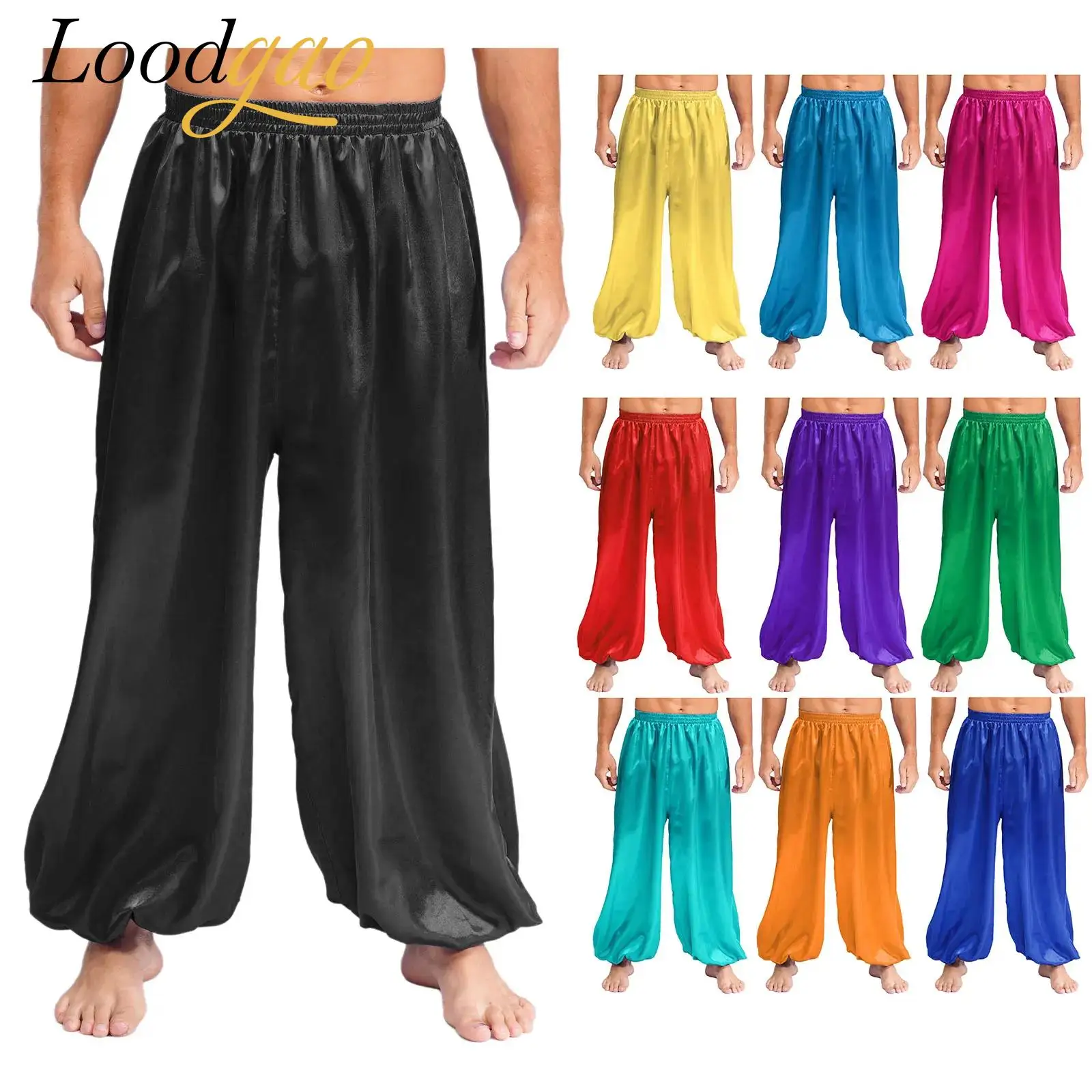 Pantaloni larghi da uomo Costume da danza del ventre in raso Bloomers per spettacoli teatrali Pantaloni da ballo del principe arabo Vestito da carnevale per feste