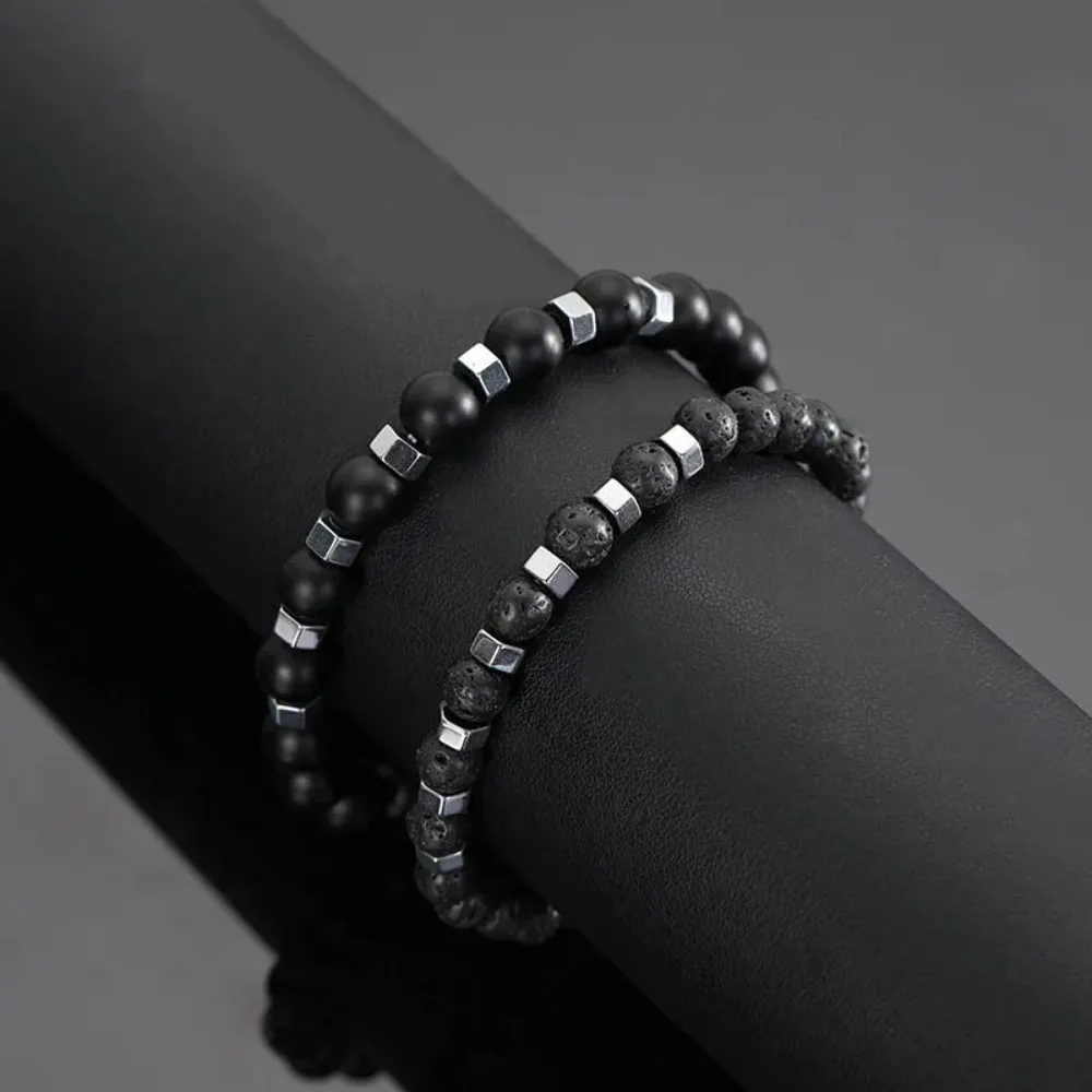 New In Frosted Black Bead Volcanic Stone Men’s Bracelet Set Double Layer Nature Stone Beaded Bracelets Gifts image 3