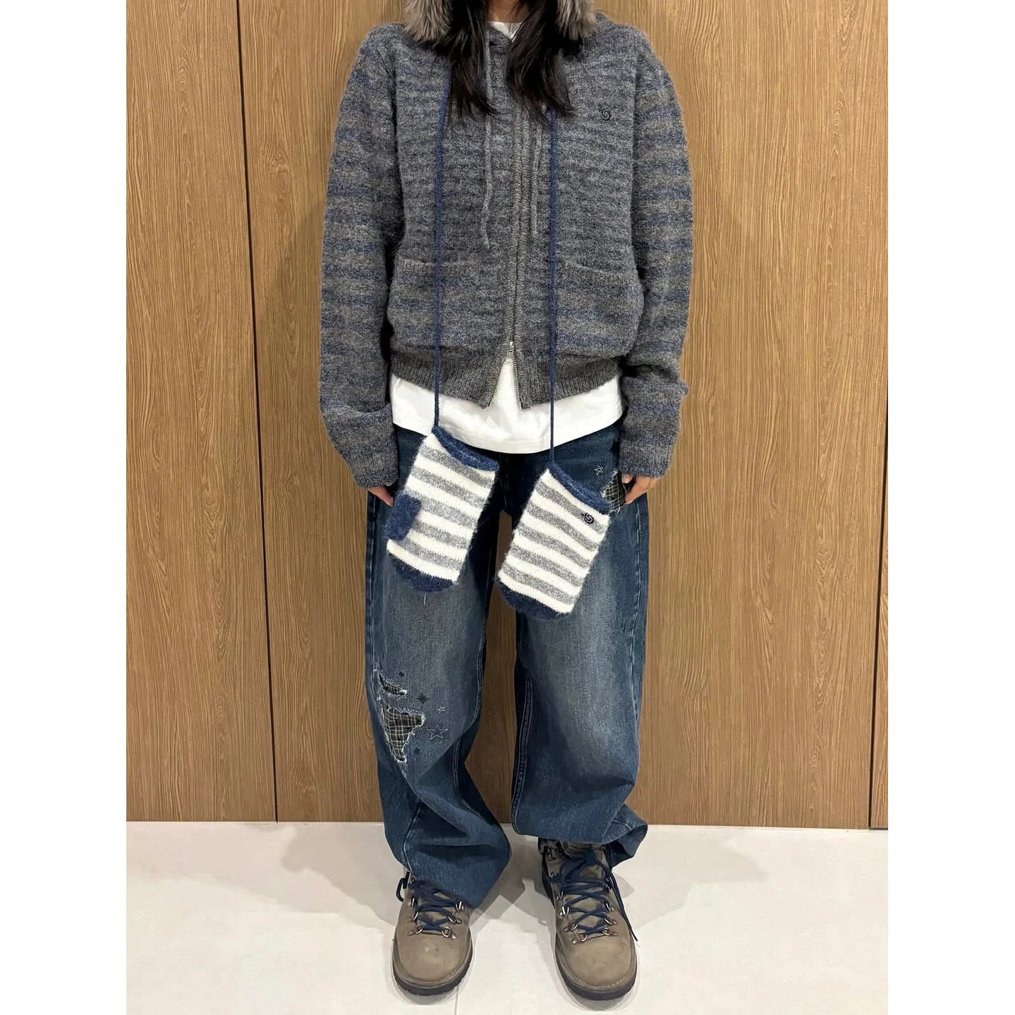 

Aee Star Patch Широкие джинсовые джинсы с высокой талией Свободный крой из хлопка в сложенном виде Простые зимние джинсы Новое поступление