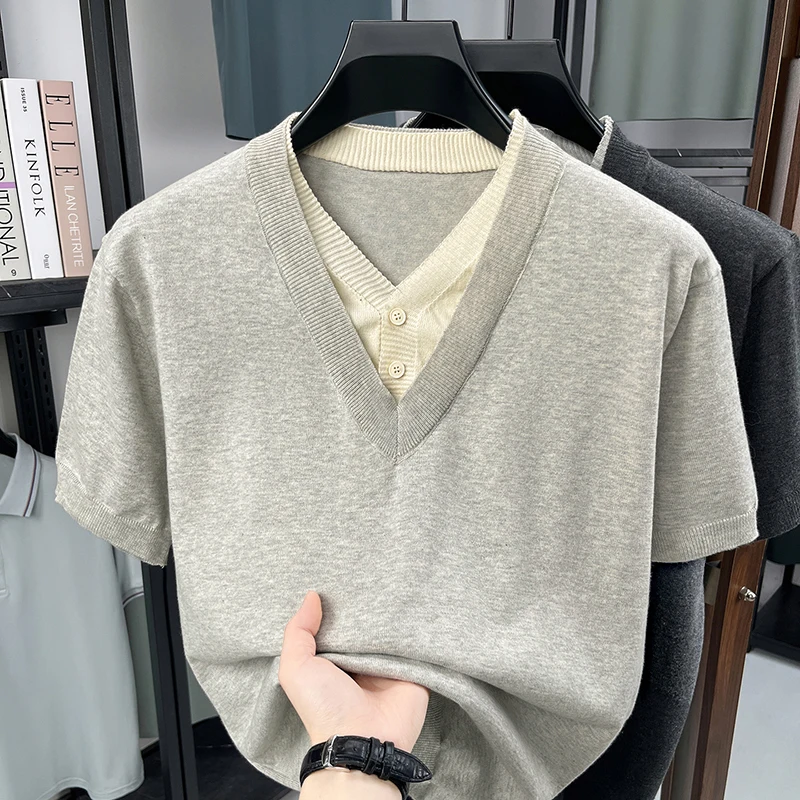 Cotton 100% high-quality summer new V-neck fake two-piece pure cotton knitted shirt short sleeved men's casual versatile top