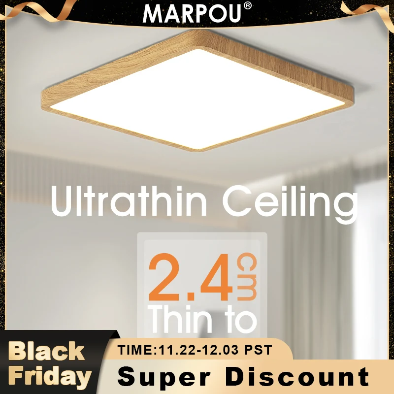 MARPOU Ultra Thin LED Ceiling Light 2.4cm CCT Wood Grain 24W 36W Warm Cold Neutral White Ceiling Lamps Square Lights Living Room