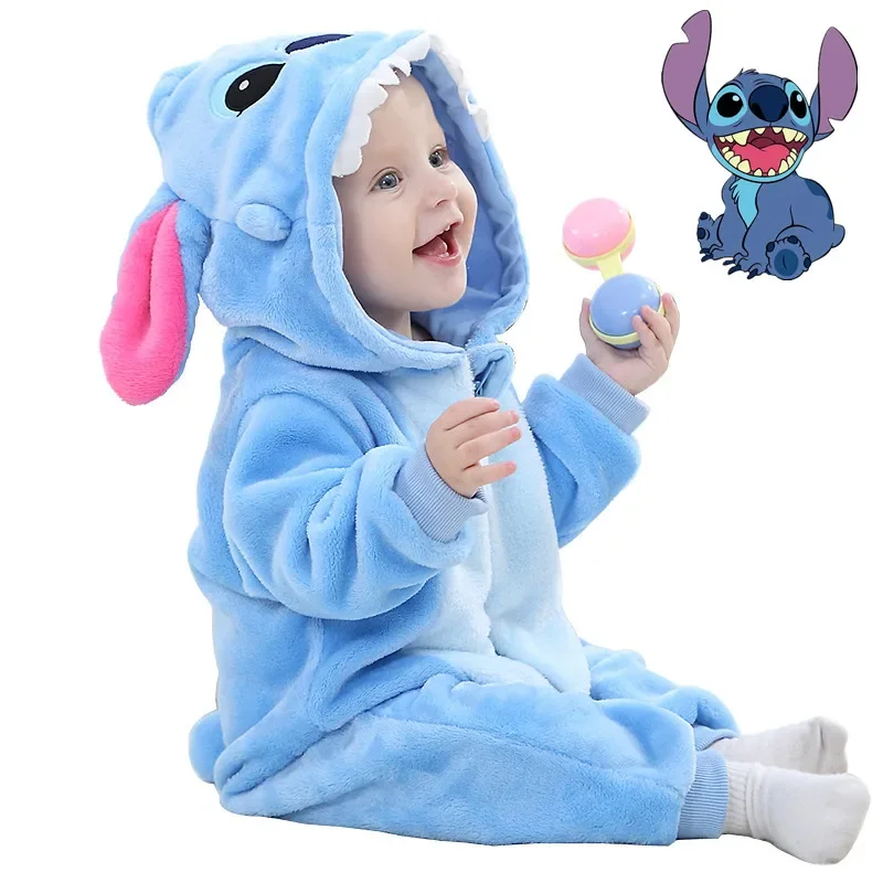 베이비 스티치 코스프레 롬퍼 후드 세트, 애니메이션 영화 외계인 몬스터 플란넬 점프수트, 부드러운 잠옷, 0-2 세