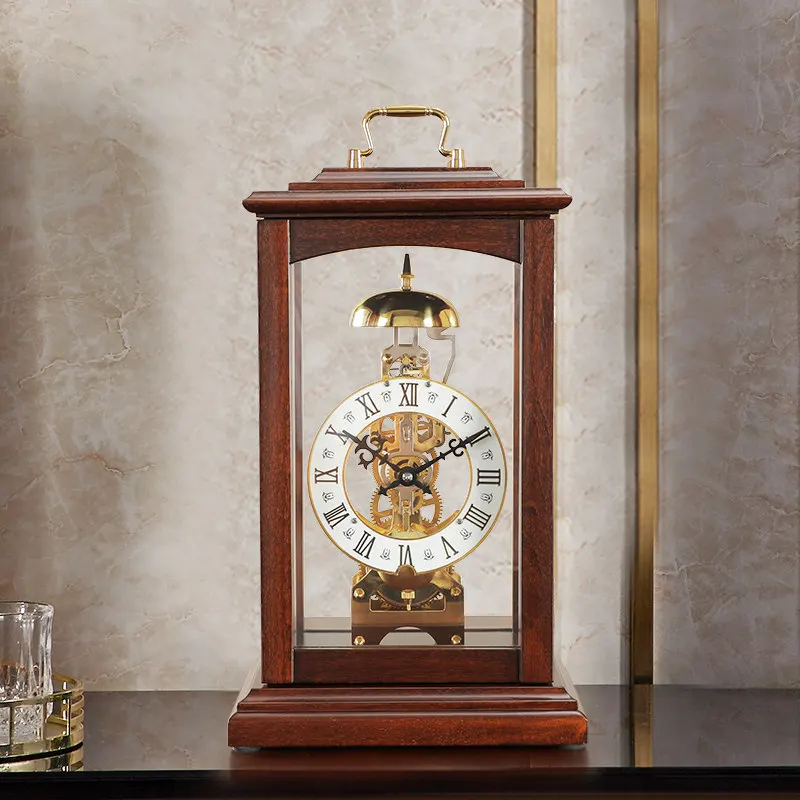 European solid wood mechanical seat clock retro all-copper mechanical movement home antique decorative seat clock living room
