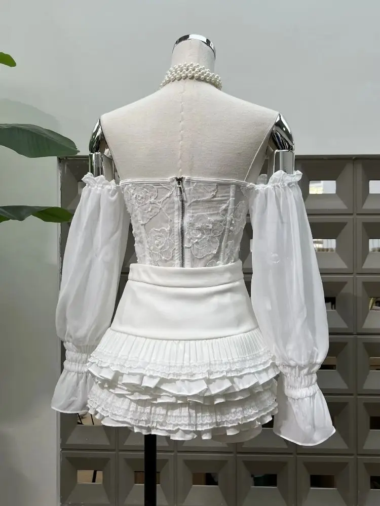 Ballet Girl Sweet Princess Puffy Lace Trim Two Pieces Dress Sets Night Party Sexy Off Shoulder White Cocktail Women's Outfit