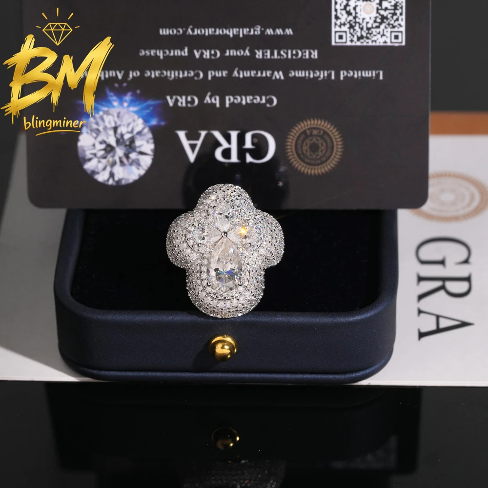Blingminer Cross Flower Shaped VVS Moissanite Rings For Men Women S925 Silver Finger Pass Diamonds Tester GRA Free Shipping