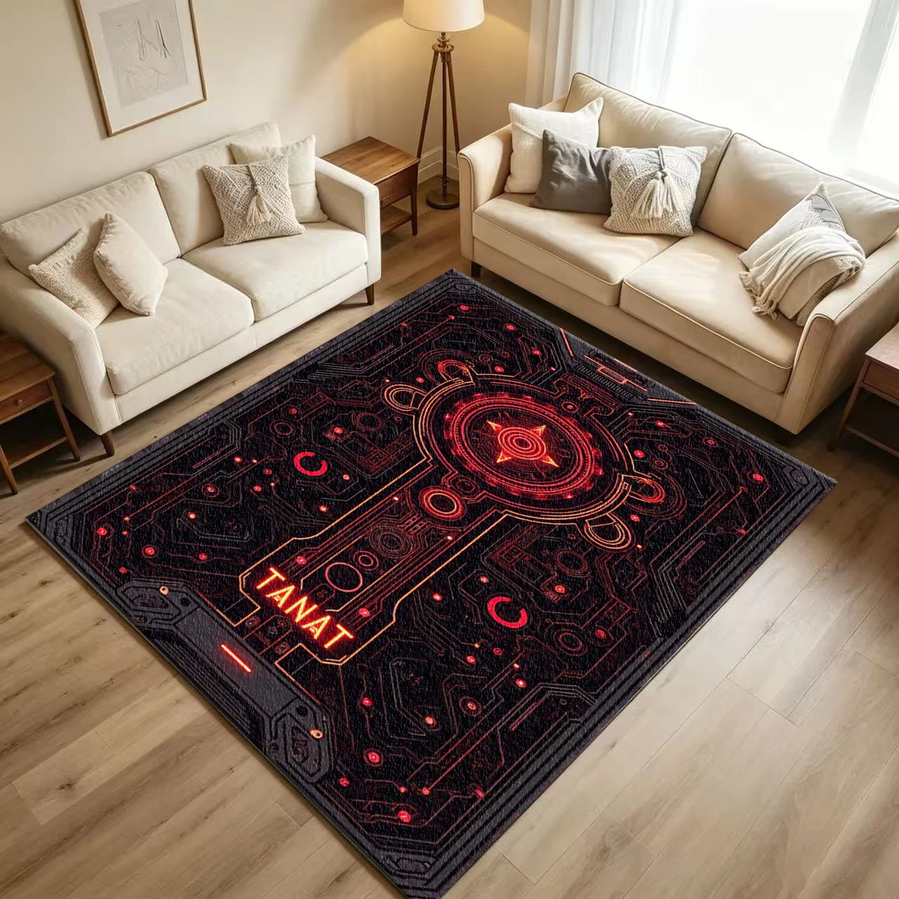 Red Neon Cyber Circuit Board Carpet Flooring Futuristic Sci‑Fi Tech Glowing Circuit Graphic Printed Floor Rug for Household Indoor Gaming Room Aesthetic Home Decor