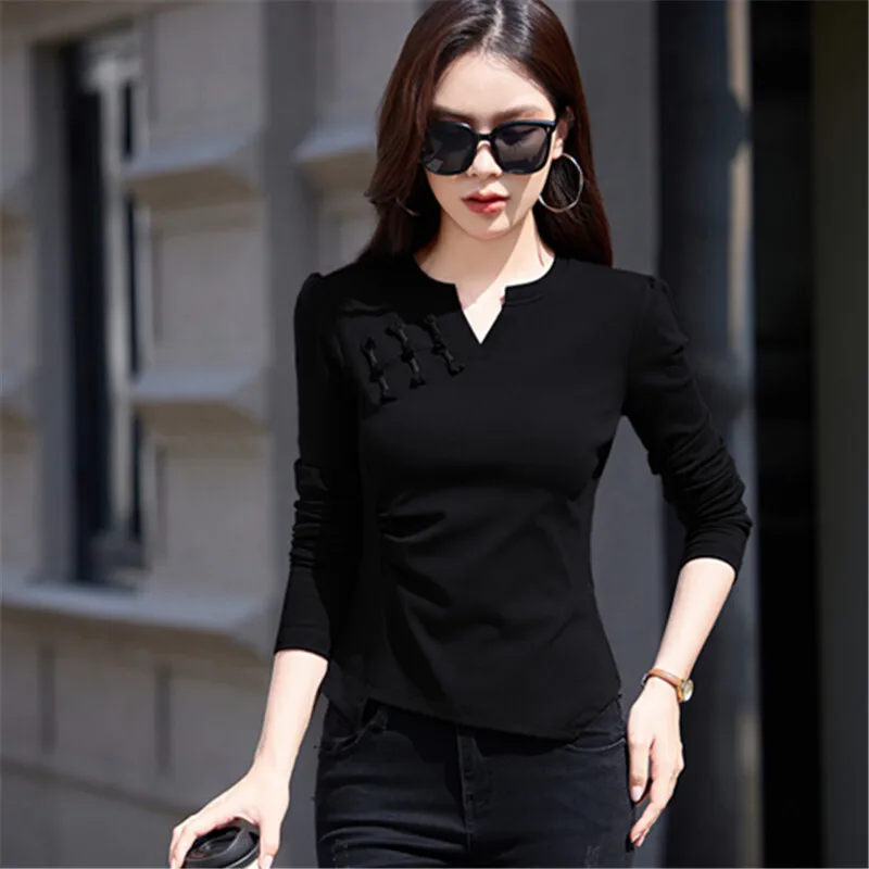 

#0440 Irregular T Shirt Women Long Sleeve V-neck Cotton Retro Skinny Long Sleeve T Shirt Women Buttons Short T-shirt Sexy Folds