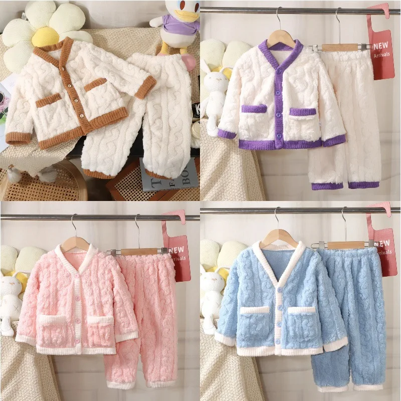 Girls Pajamas Set Autumn and Winter Flannel Children's and Girls' Fleece Thickened Warm Coral Fleece Loungewear Pajama Set