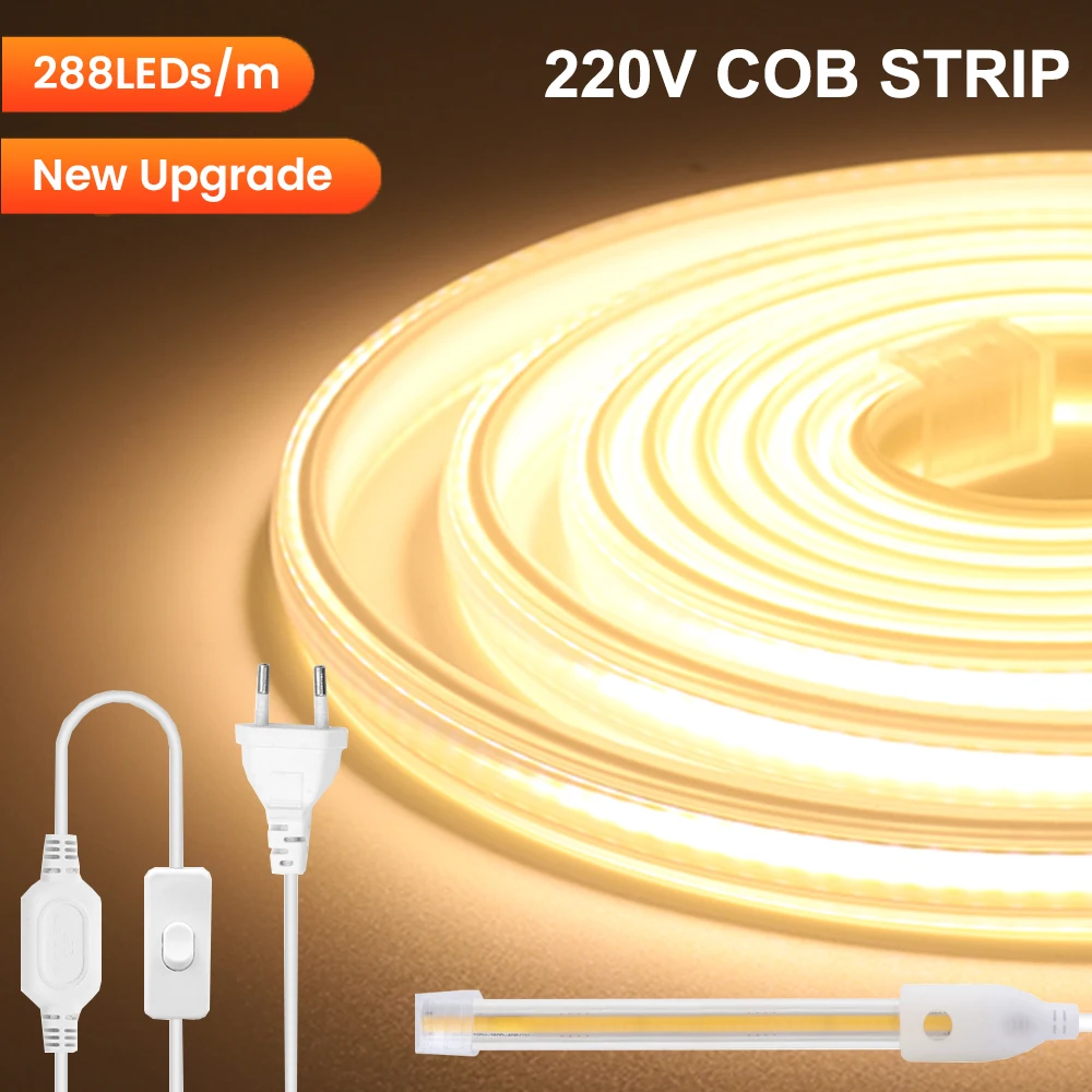 COB LED Strip 220V EU/UK Switch Plug Neon Light 288LEDs/m Linear Lighting Flexible Outdoor Waterproof Lamp 3000K 4000K 6000K