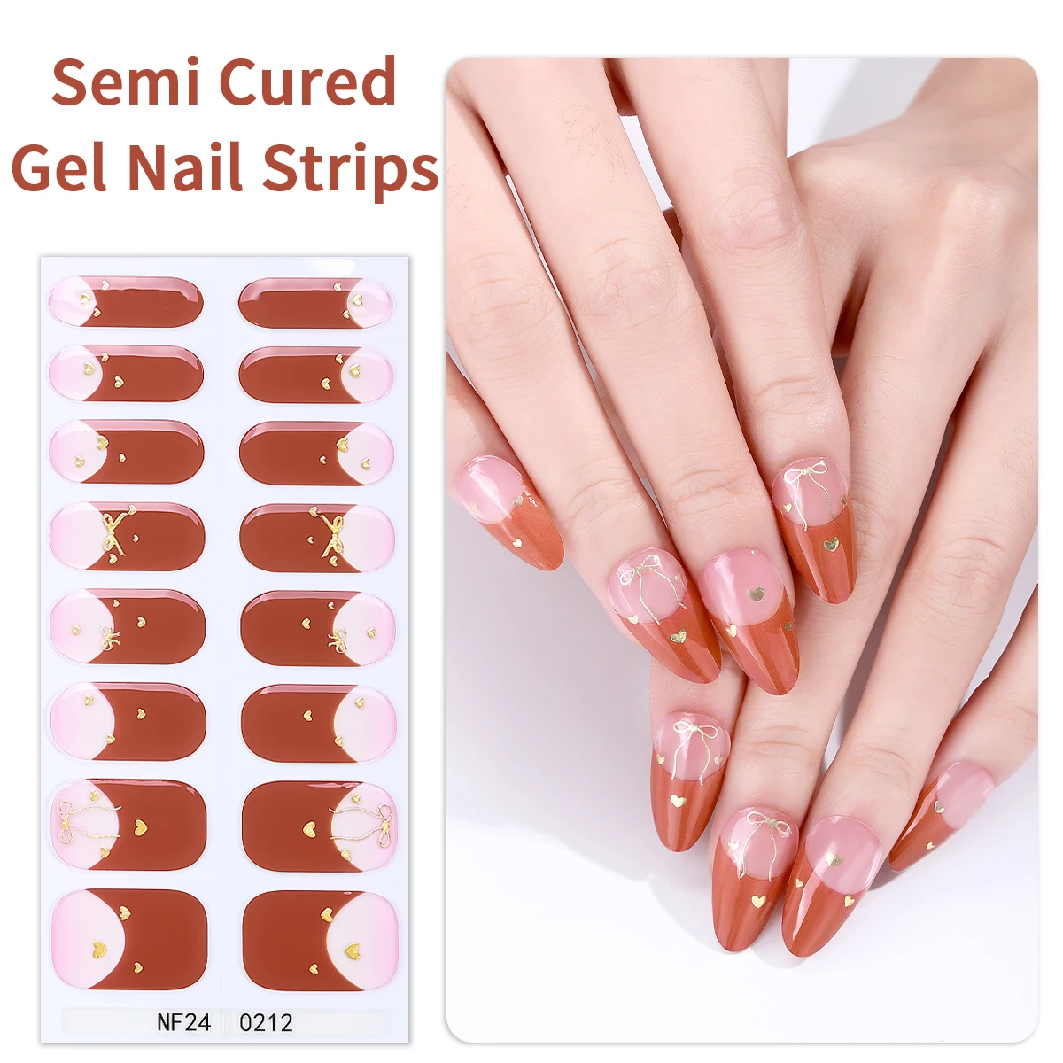 

16Tips French Semi Cured Gel Nail Strips Valentine Love Gel Nail Polish Wraps Long-Lasting Full Cover Gel Sticker Nail Decor