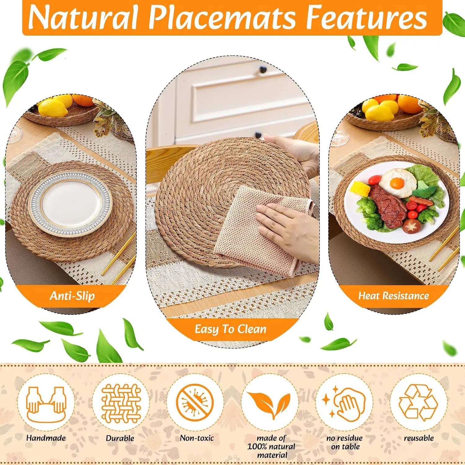 6Pcs Boho Placemat Set: Round Woven, Cloth Napkins, Wood Bead Rings, Long Table Runner, Khaki view 6