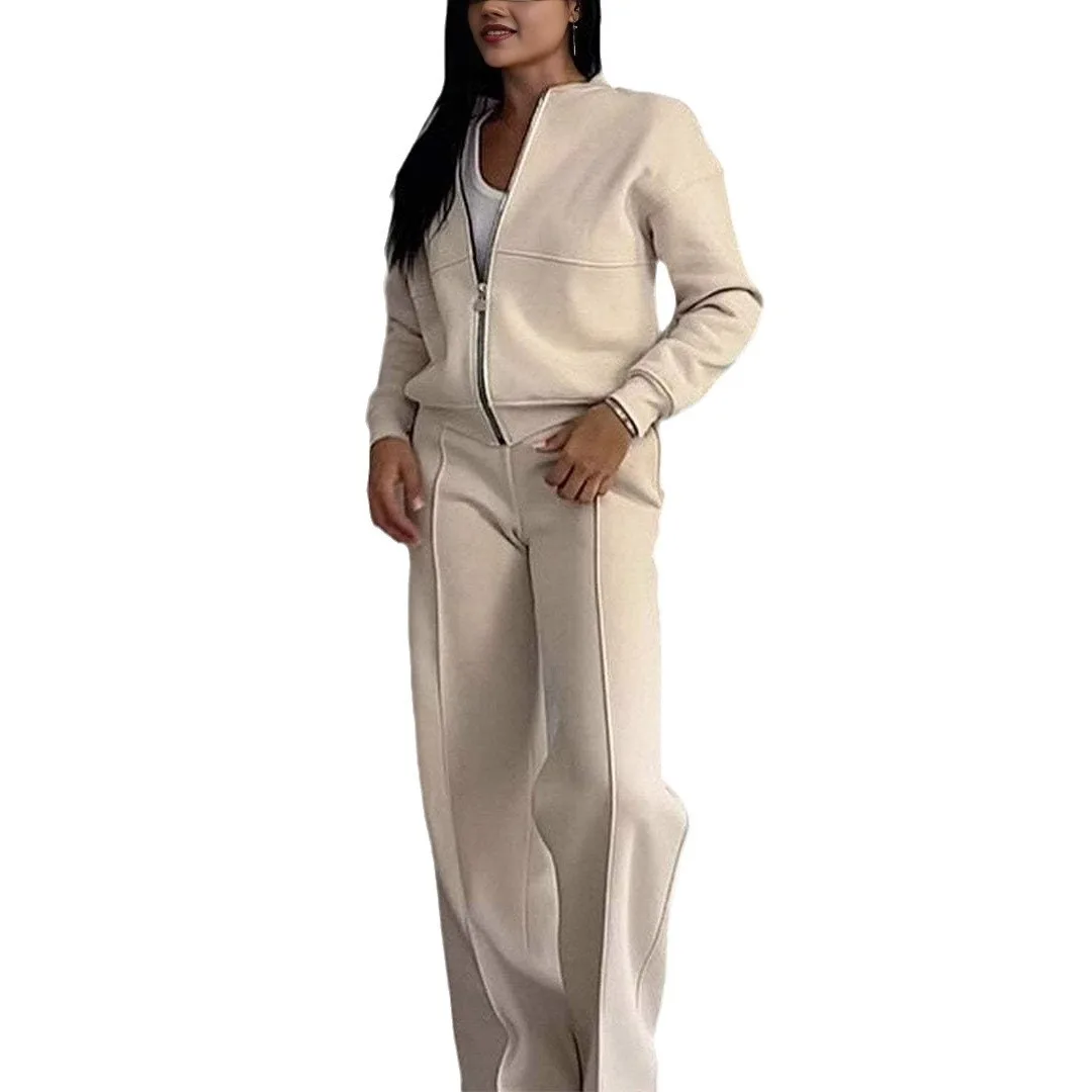 2025 Autumn And Winter Casual Fashion Temperament Solid Color Long-sleeved Zipper Women's Casual Zipper Jacket Wide-leg Pants Tw