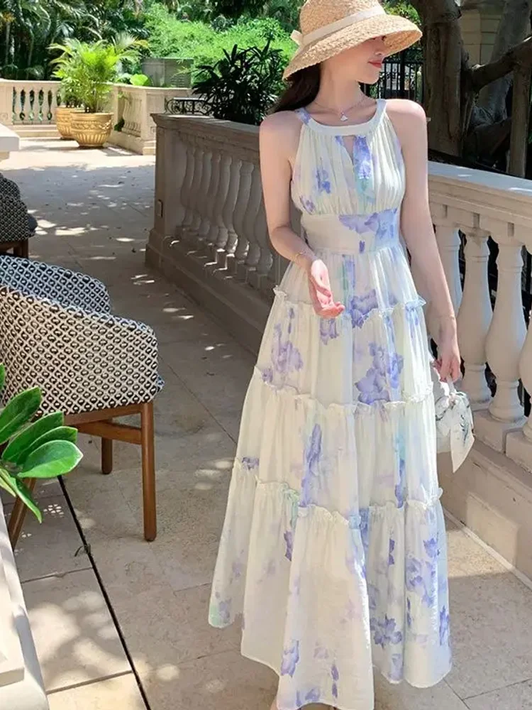 프랑스 스타일 여성 드레스 우아한 꽃 인쇄 홀터넥 오프 어깨 민소매 긴 드레스 부드러운 Vestidos Femme