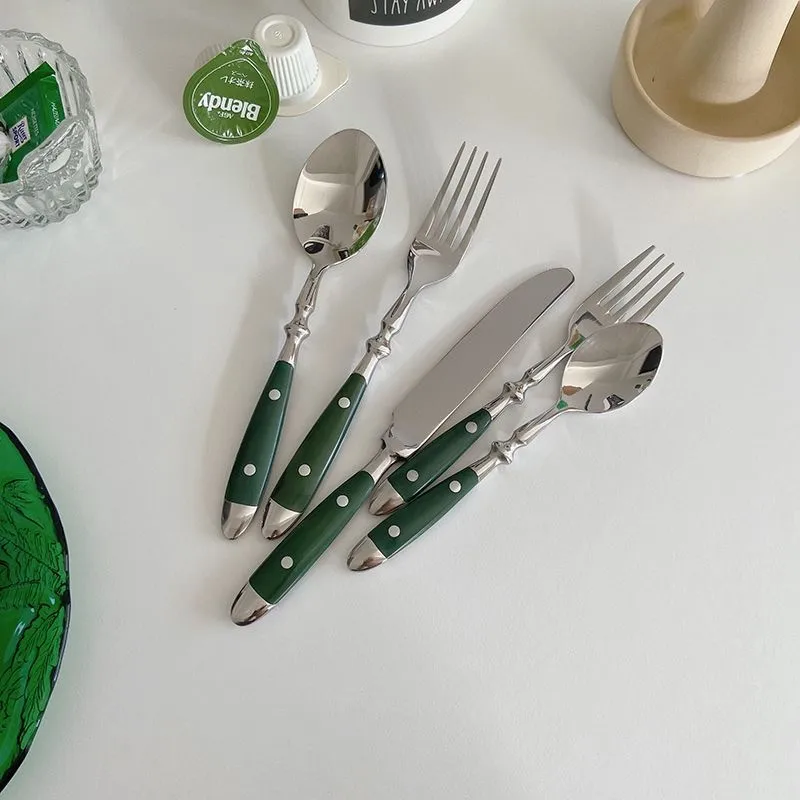 1Pcs Steel Western Food Tableware Set Two Nails Knife, Fork And Spoon Practical Bakelite Green Handle Stainless Steel Knives