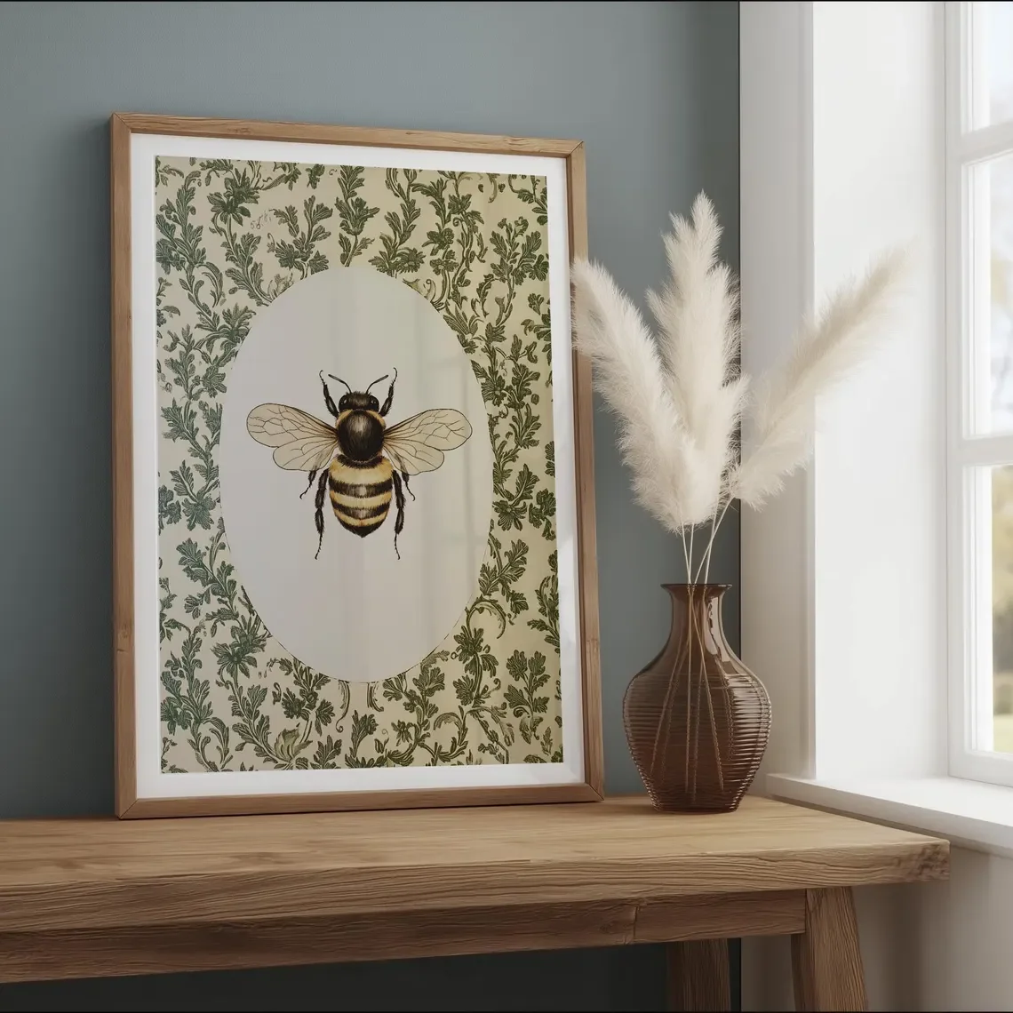 Vintage Bee Wall Art, Cottagecore Floral, Botanical Insect Decor, PRINTED AND SHIPPED, Bumblebee Oval Print, Rustic Garden Art P - view 4