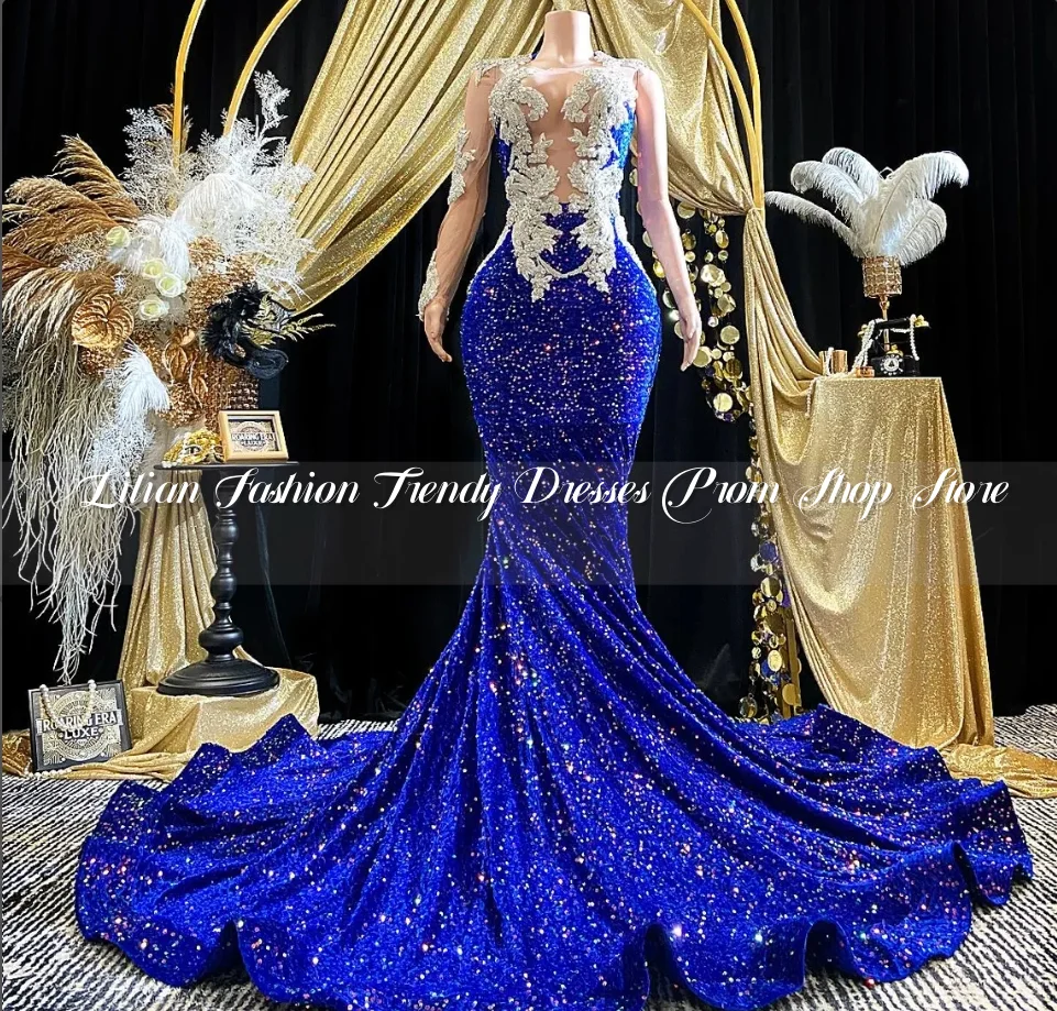 

Gemstone Blue Diamonds Long Prom Dress Sexy See Through One Shoulder Sleeve African Customised Special Occasion vestido de noiva