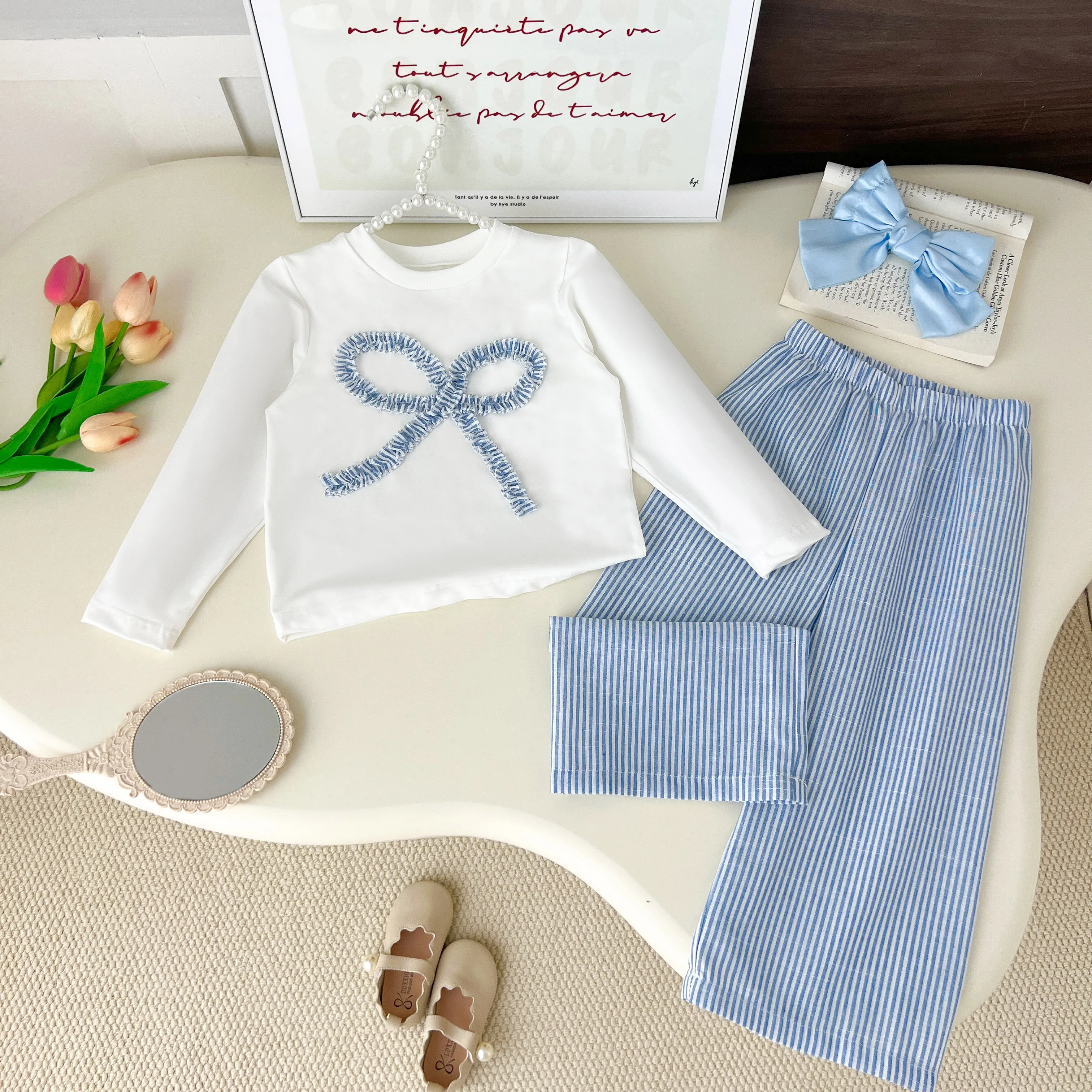 Humor Bär Korea Stil Einfache Kinder Kleidung Mädchen 2Pcs Set Kleidung Langarm Gestreiften + Lose Hose Outfits für mädchen