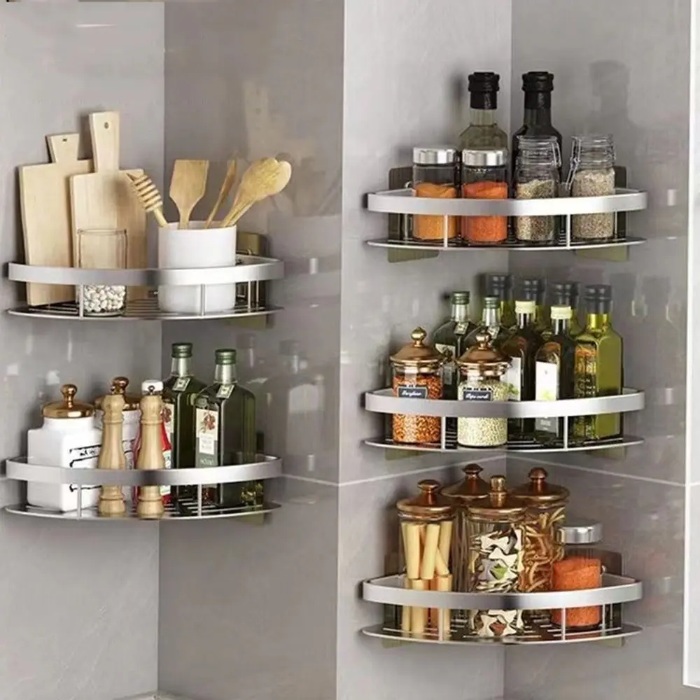 Wall Mount Shelves Corner Shower Shelf Aluminum Wall Mount Shampoo Storage Rack Holders No Drill Kitchen Bathroom Accessories