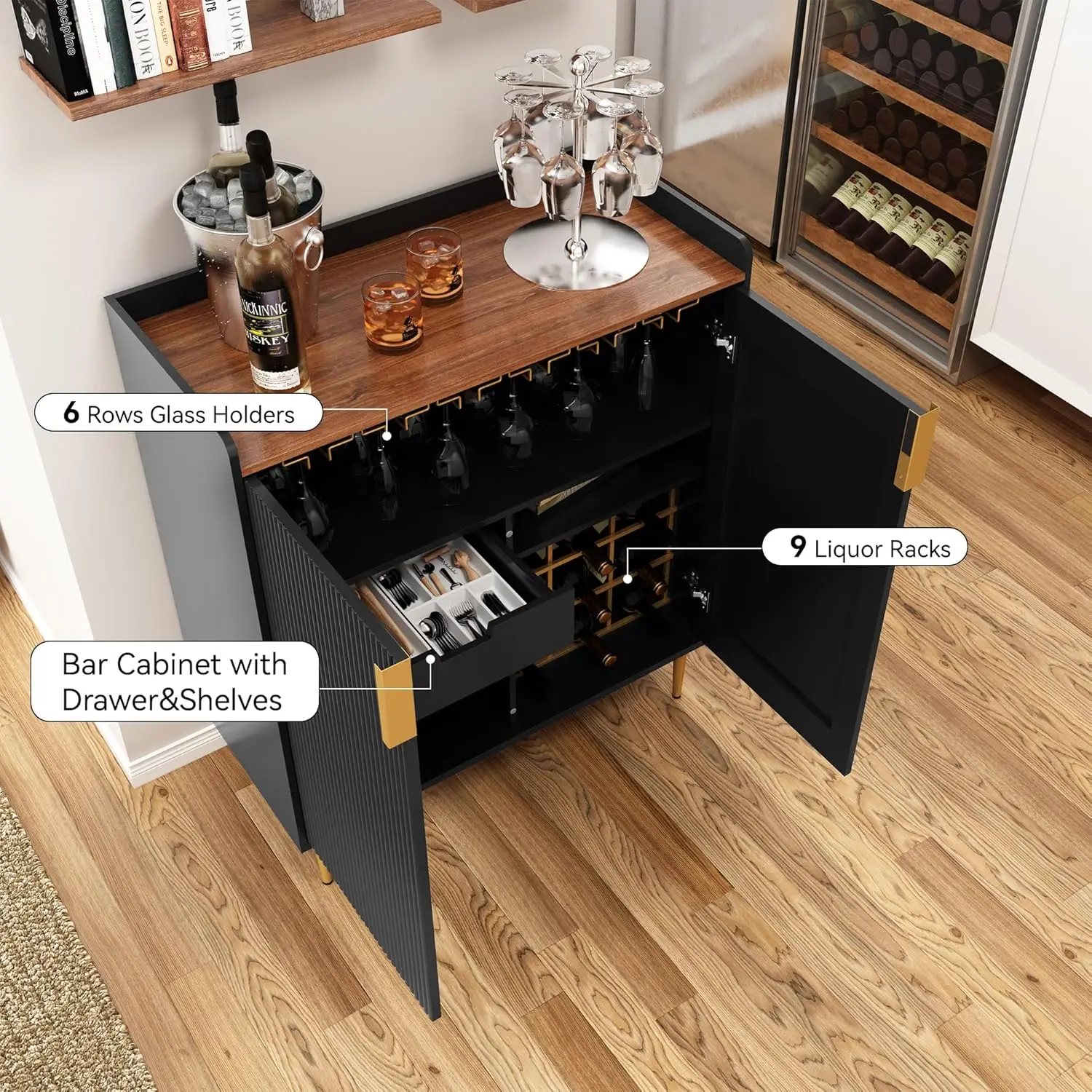 Fluted Texture Sideboard Buffet Cabinet with Wine Rack & Drawers Black Kitchen Dining Living Room, Customized