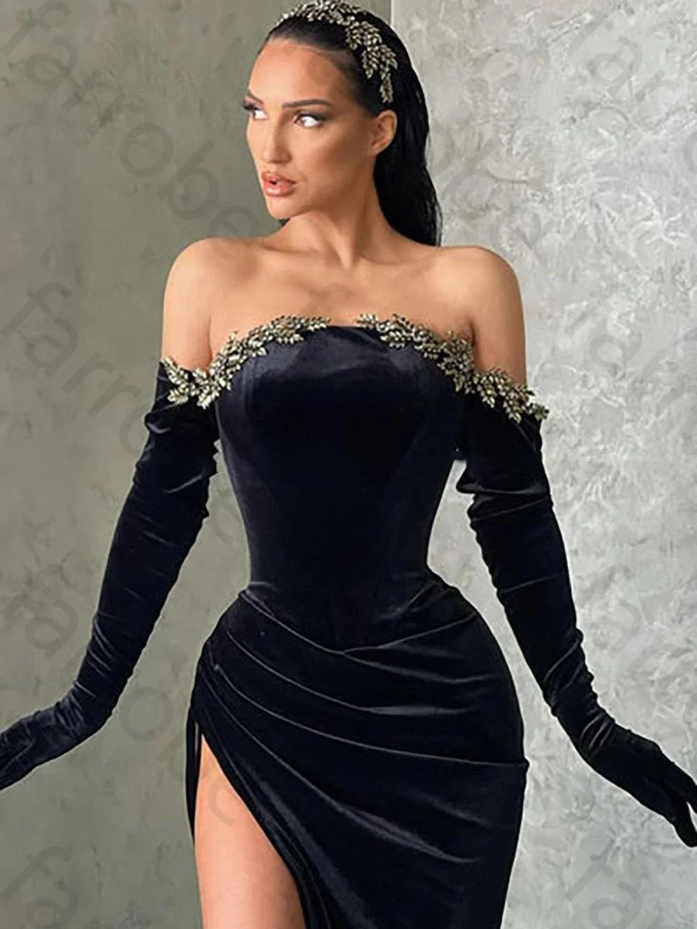 Customized Vestidos De Fiesta Sexy Black Off The Shoulder Prom Dress Long Sleeves Appliques High Slit Evening Party Club Formal