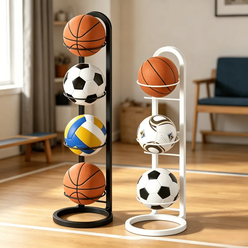 Étagère de rangement pour ballons de basketball à 4 niveaux - Support de ballons d'intérieur pour enfants pour football, volley-ball et basketball avec support métallique ​
