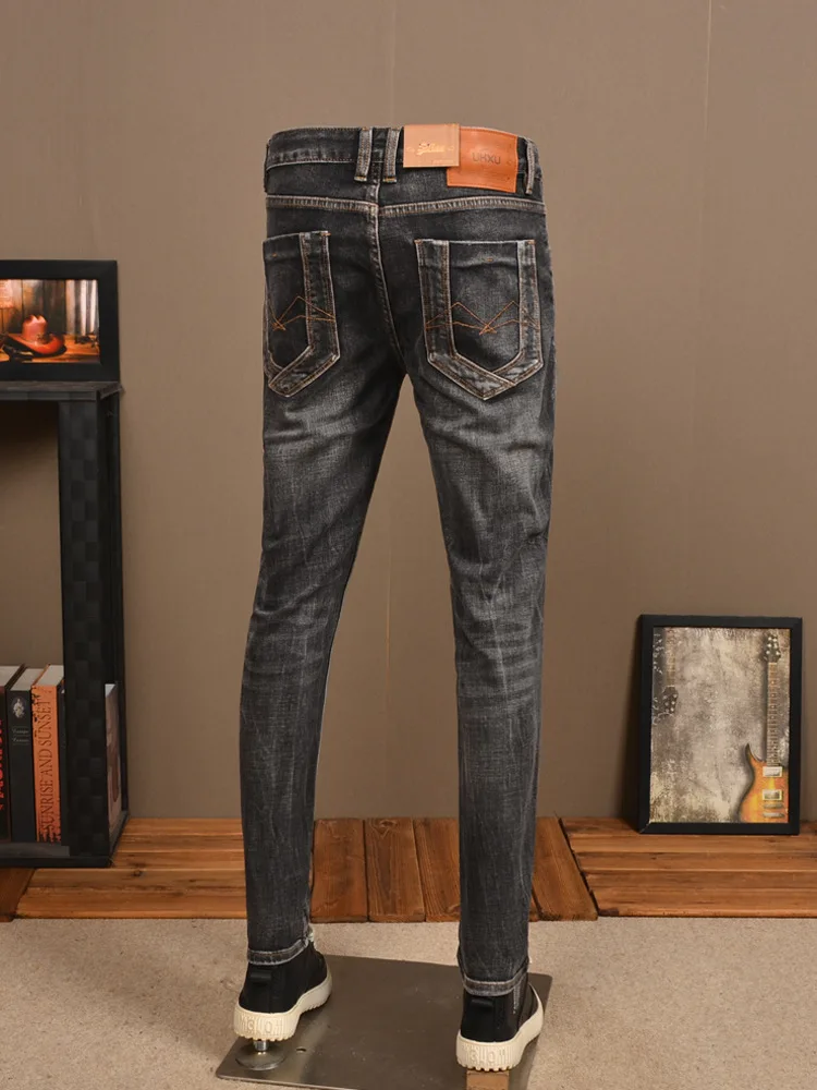 Retro Make Old Ripped Jeans Men's Fashion Stretch Slim High Street Ruffle Handsome Washed Casual Men's Black Trousers